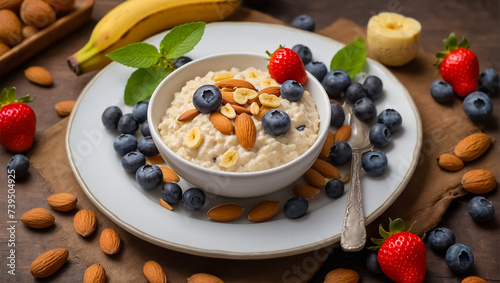 delicious oatmeal in a beautiful plate, blueberries, strawberries, banana, on the table kitchen