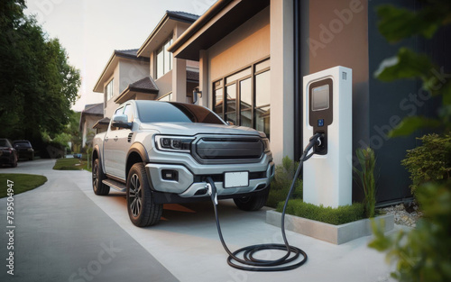 Generic electric vehicle EV hybrid car is being charged from a wallbox near a contemporary modern residential building house