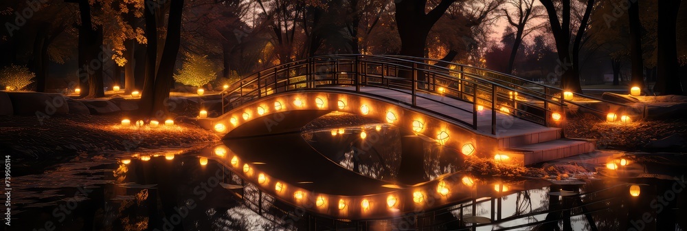Illuminated Pathway: A Bridge Over a River, Its Lights Aglow in the Night, Creating a Magical and Tranquil Scene. 