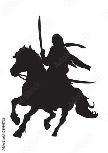 silhouette of a hooded horseman with a saber on horseback