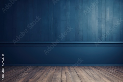 Blue indigo painted modern wooden wall classic style woth wainscot. Empty room interior design. Wall background and parquet minimalist design. © Tetyana