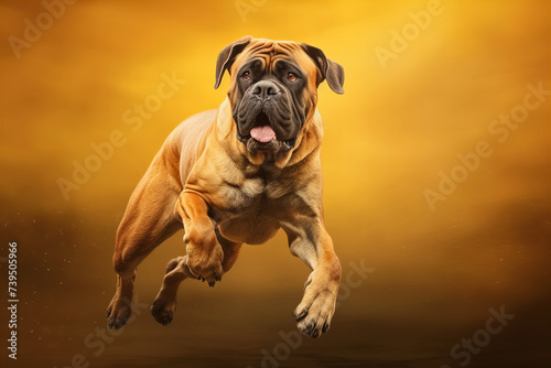 Dynamic Canine Agility on Display: A Majestic Banner of Leaping Bullmastiff in Amber Light