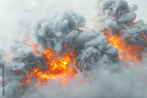 Explosion with flames and smoke, isolated background 