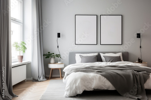 Minimalist style bedroom wall art mock up. Light grey painted walls and blank wall art posters.