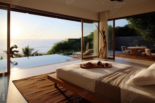 Luxury modern villa interior with a double bed, balcony pool and panoramic views of the ocean