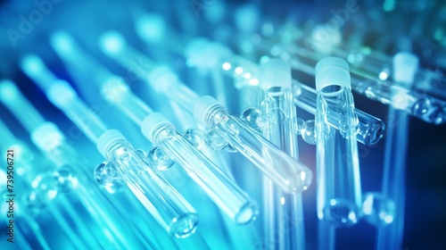 Pipette adding fluid to one of several test tubes, medical abstract background