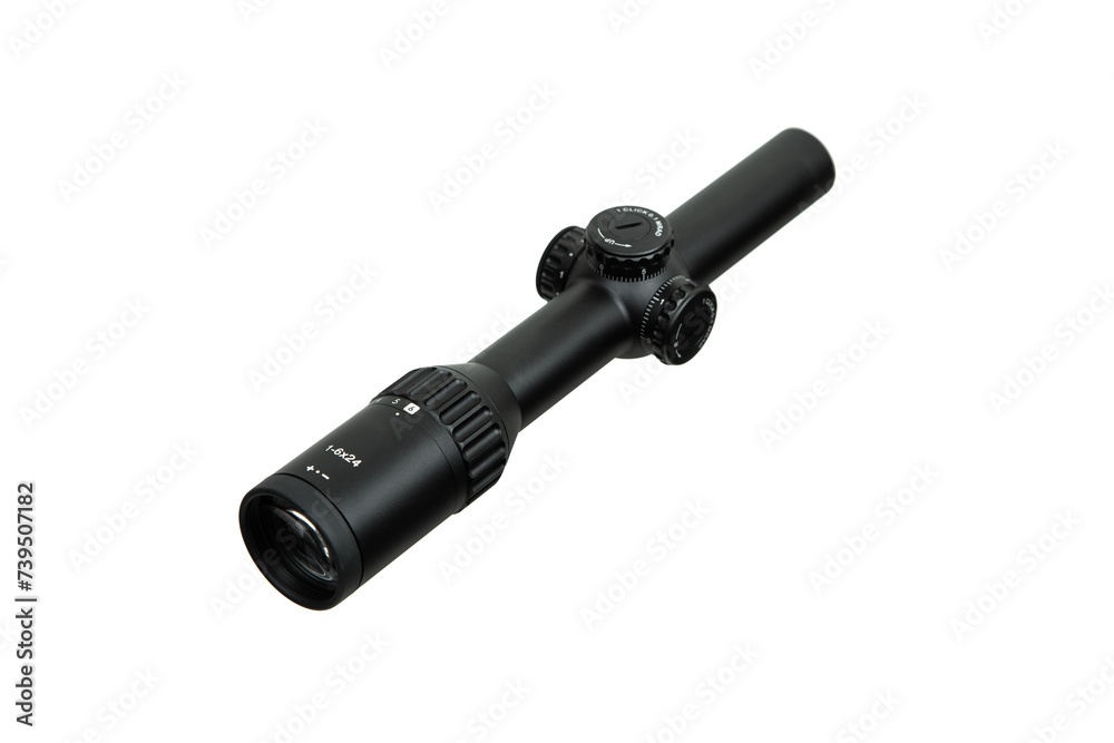 Modern sniper scope on a white back. Optical device for aiming and shooting at long distances. Modern sniper scope on a white back. Optical device for aiming and shooting at long distances.