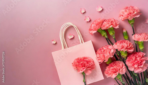 母の日のプレゼントとカーネーションのイメージ素材。Image material of Mother's Day presents and carnations.