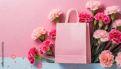 母の日のプレゼントとカーネーションのイメージ素材。Image material of Mother's Day presents and carnations. photo