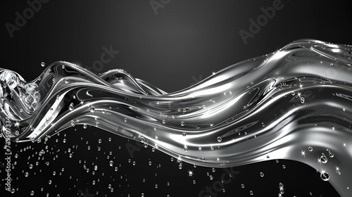 dark background is crossed in the center from left to right by a bright chrome wave with falling drops