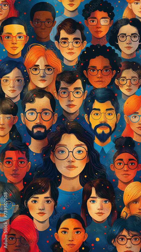 Dibujos de las caras de varias personas, hombres y mujeres 
