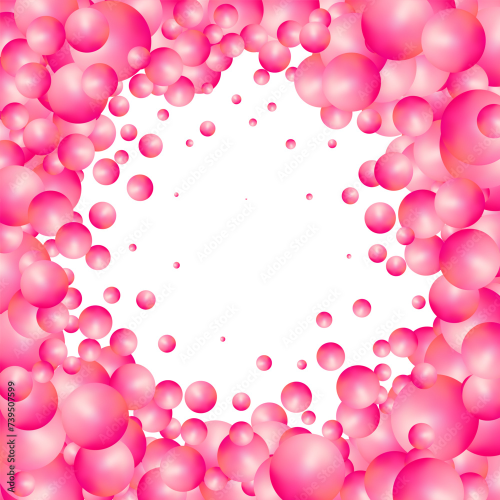 Background with realistic balls, transparent glossy bubbles. Abstract minimal design. Vector illustration. Pink balls. Eps 10