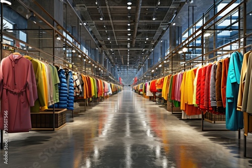 Large modern clothing warehouse full of different color clothes