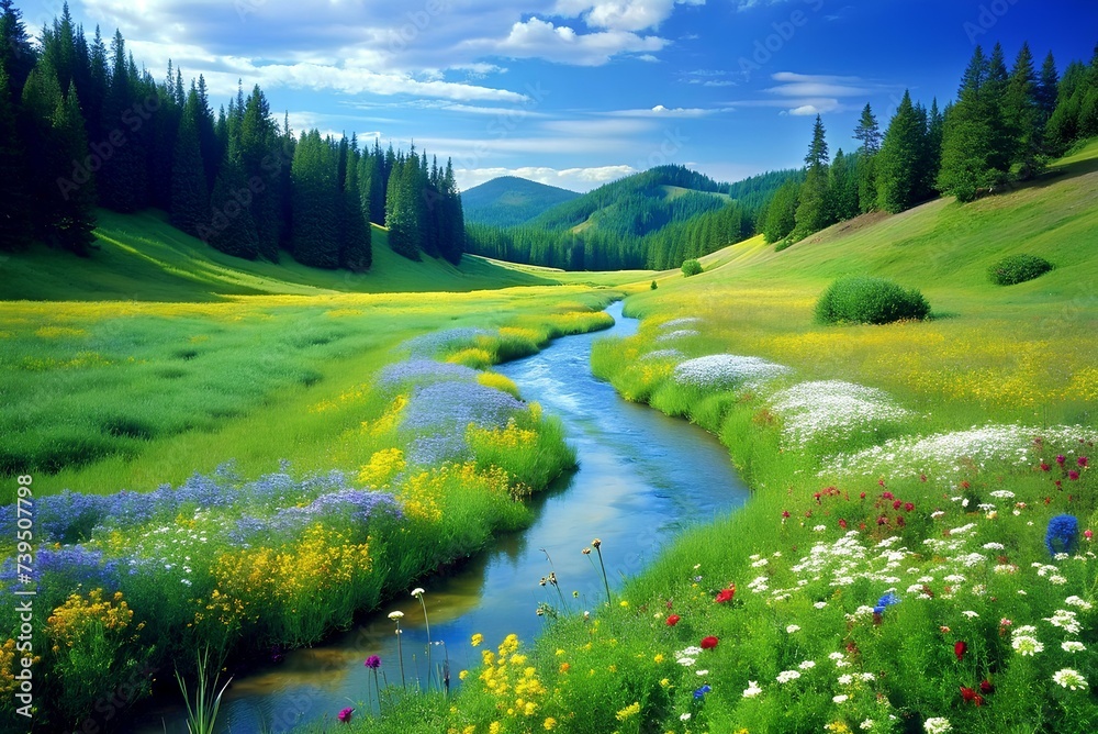 Serene Meadow Bliss: A Captivating Landscape of Wildflowers and Babbling Stream, Perfect for Nature Enthusiasts and Home Decor Connoisseurs - obrazy, fototapety, plakaty 