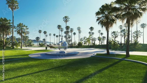 Park with palm trees. Morning sunrise on the shore with palm trees photo