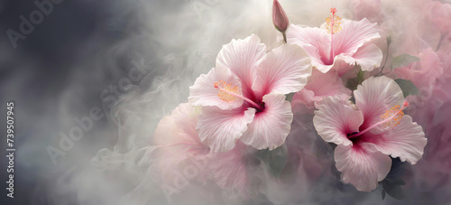 Hibiskus, abstrakcyjne tło, różowe  kwiaty i dym photo