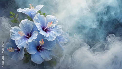 Niebieskie egzotyczne kwiaty Hibiskus. Abstrakcyjny dym photo