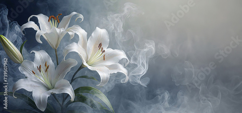 Lirios blancos, flores abstractas en humo. photo