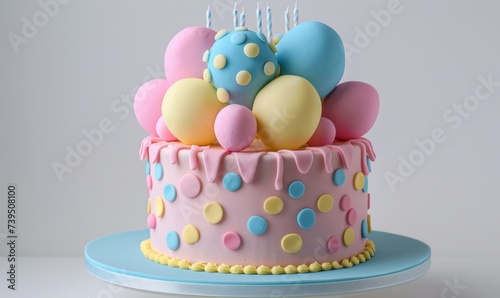 a colorful birthday cake with balloons