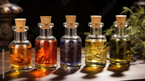 Aromatic oils. Close-up of bottles with aromatic oils
