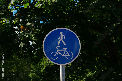 Bicycle and pedestrian lane road sign on pole post, large blue round against the background of green trees