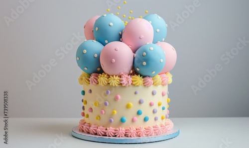 a colorful birthday cake with balloons