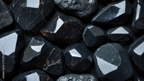 The dark texture of the stone, raw black obsidian, hardened volcanic lava glass, natural patterns and shapes on the stone section..AI generative