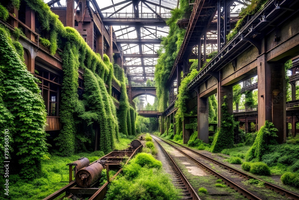Nature's Revival: Abandoned Industrial Complex Overgrown with Vines and Rusty Machinery Illustration Depicting Nature's Triumph over Human Structures
