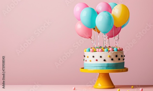 a birthday cake with colorful balloons on top