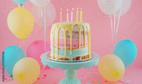 a colorful birthday cake on pink background with balloons
