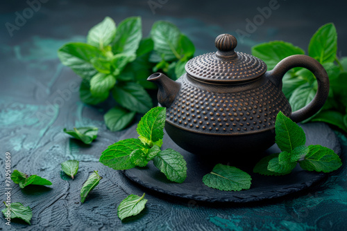 Black iron asian teapot with sprigs of mint for tea. photo