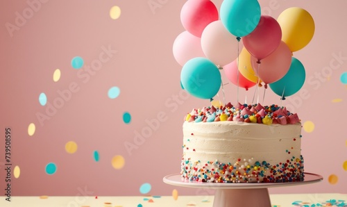 a birthday cake with colorful balloons on top