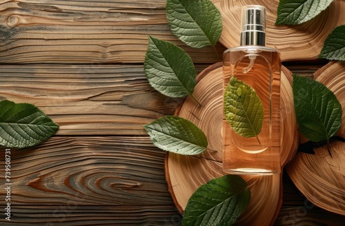 a bottle of facial spray on wood and a slice of green leaf