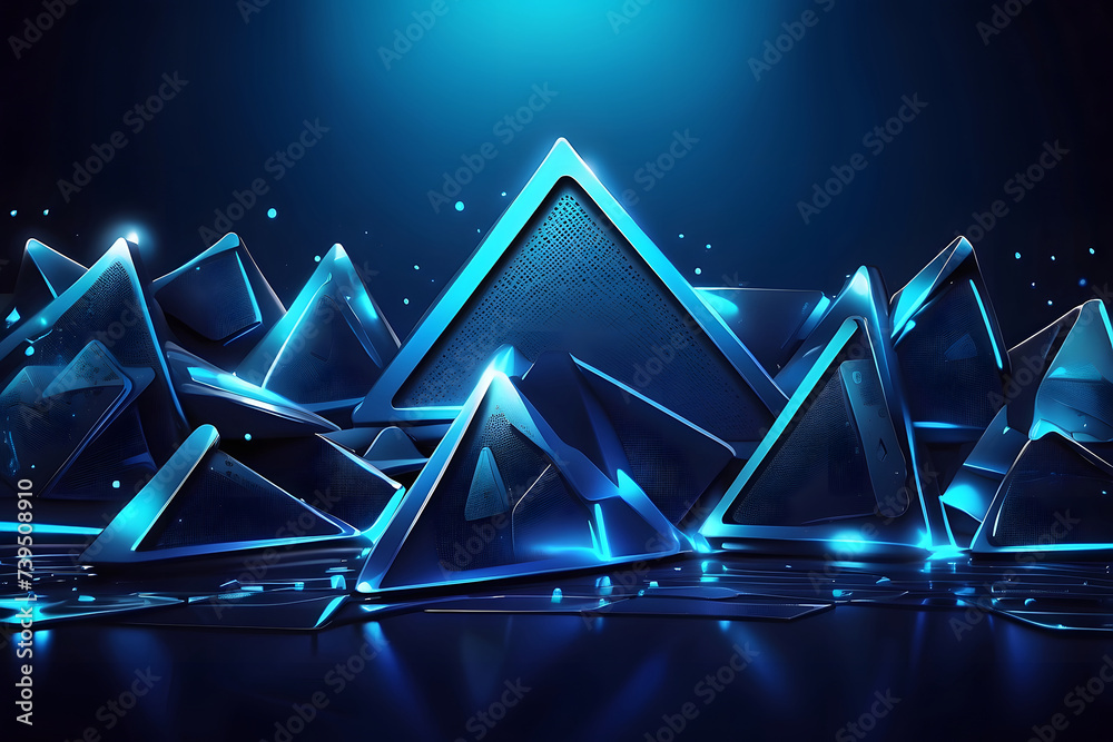 Abstract background of futuristic perforated technology with light triangles of blue neon. Banner design in vector design. - obrazy, fototapety, plakaty 