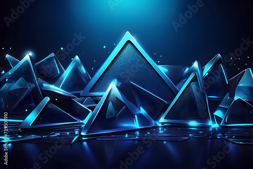 Abstract background of futuristic perforated technology with light triangles of blue neon. Banner design in vector design. photo