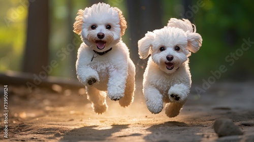 Two of cute poodle dogs running on nature background