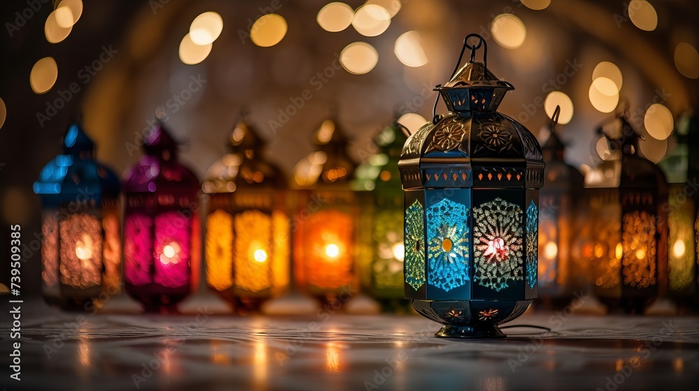 Various colorful Ramadan lamps lit up against illuminated decorative lighting background - obrazy, fototapety, plakaty 