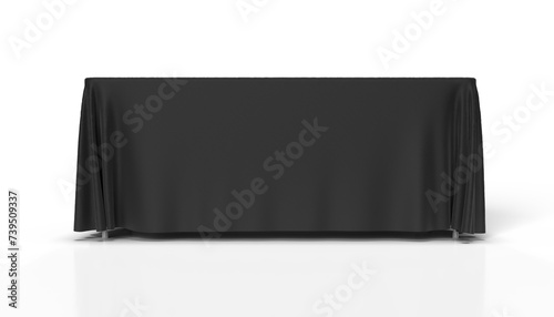Black Tablecloth draped over a rectangular table and isolated. 3D render illustration for mockups. Front View.