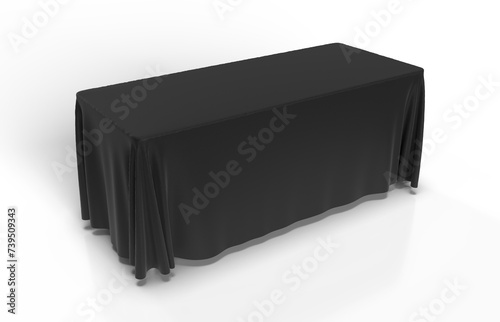 Black Tablecloth draped over a rectangular table and isolated. 3D render illustration for mockups. Top Perspective View. photo