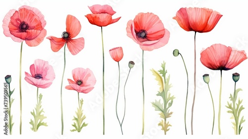 Fototapeta Naklejka Na Ścianę i Meble -  Watercolor painting poppy flower. Isolated flowers on white background. Set of Pink and red poppy flower painting. Hand painted watercolor floral, flower background