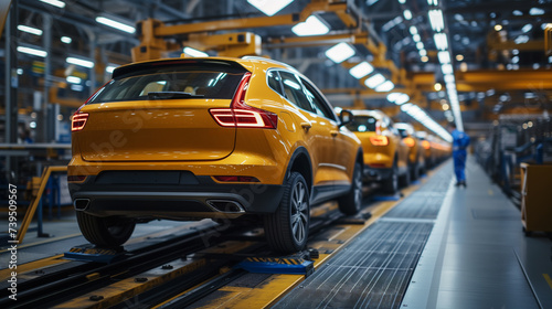 Yellow cars on the assembly line at the factory.