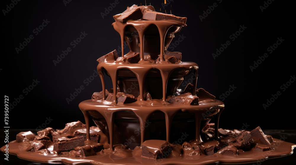 Chocolate fountain with a stream of melting chocolate