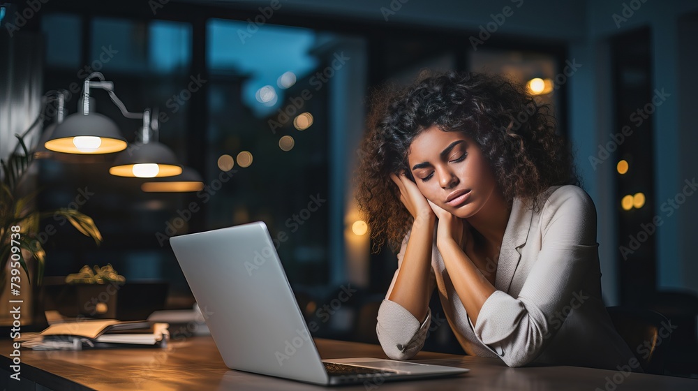Young busy beautiful latin business woman suffering stress working at office computer Young busy beautiful latin business woman suffering stress working at office computer