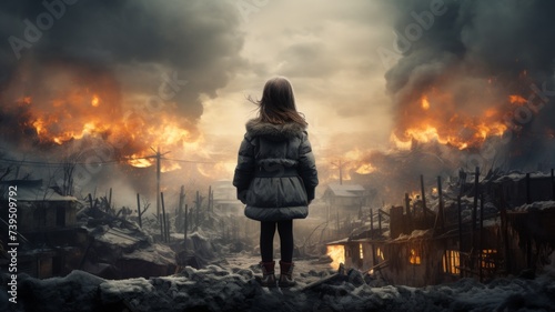 Dramatic Scene with Girl and Ruins - A compelling image showcasing the contrast of innocence against the backdrop of destruction. This evocative scene captures the essence of resilience and hope amids photo