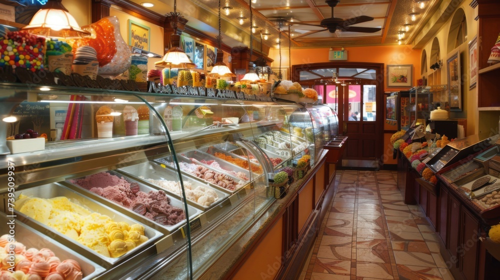 Colorful Ice Cream Parlor Delights - A vibrant ice cream shop offers a variety of flavors, inviting a sweet experience in a cheerful atmosphere.