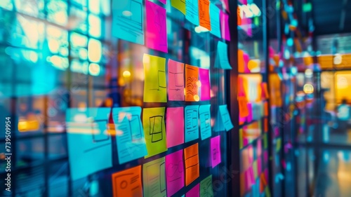 Strategic Planning with Sticky Notes - A glass window filled with colorful sticky notes showcases strategic planning and the organization of thoughts in a corporate setting.