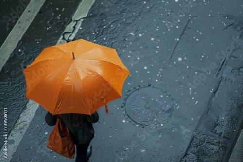Urban Solitude Under an Orange Canopy - A solitary figure finds solace under the shield of a vivid orange umbrella amidst the city s rain-soaked streets  a beacon of warmth in the cool  wet weather.