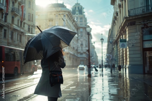Woman Walking Under Umbrella in Rain - A woman with a black umbrella walks through the city streets  light reflecting on the wet pavement.