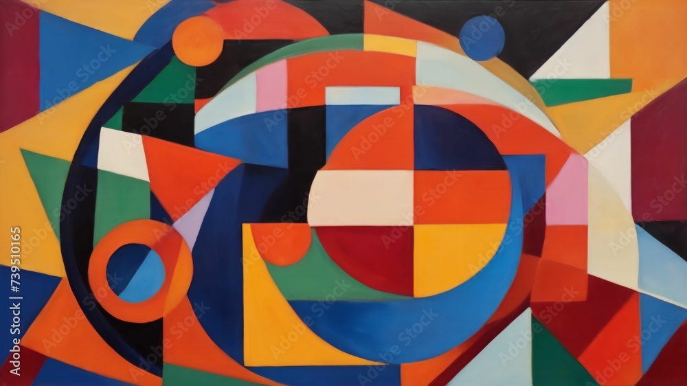 Fototapeta premium Abstract painting art composition incorporating circles, triangles, squares, rectangles, and twisted lines.Ai generative