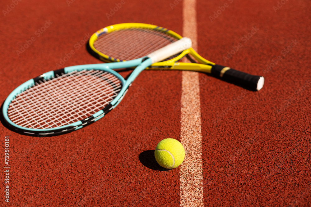 tennis racket with tennis balls on a tennis court